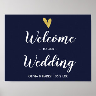 Poster Panneau Mariage de bienvenue Gold Heart Marine