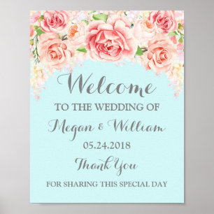 Poster Panneau Mariage de bienvenue Pink Aquarelle Fleurs