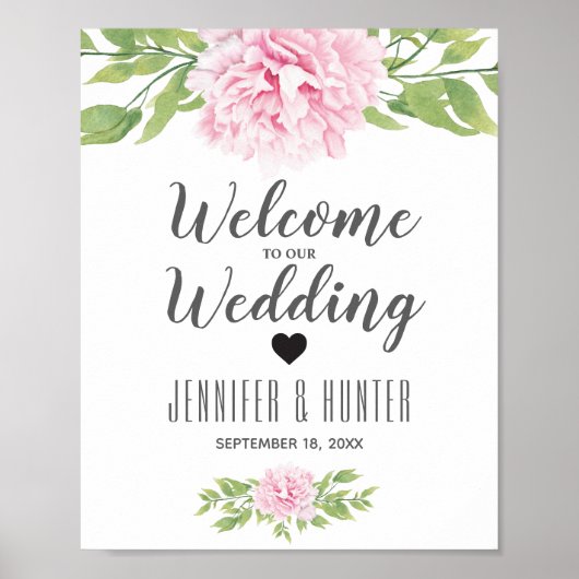 Poster Panneau Mariage de bienvenue Pink Peony Aquarelle  (Devant)
