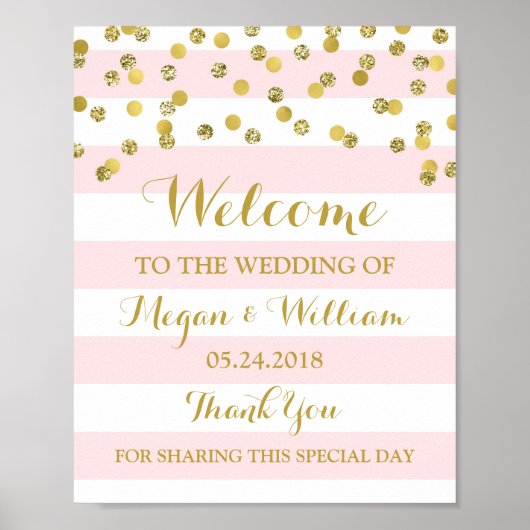 Poster Panneau Mariage de bienvenue Pink Stripes Gold Con (Devant)