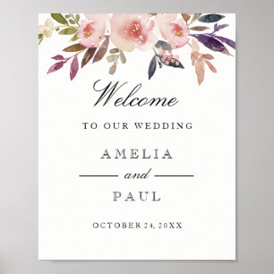 Poster Panneau Mariage de bienvenue Pink Watercolor Peoni