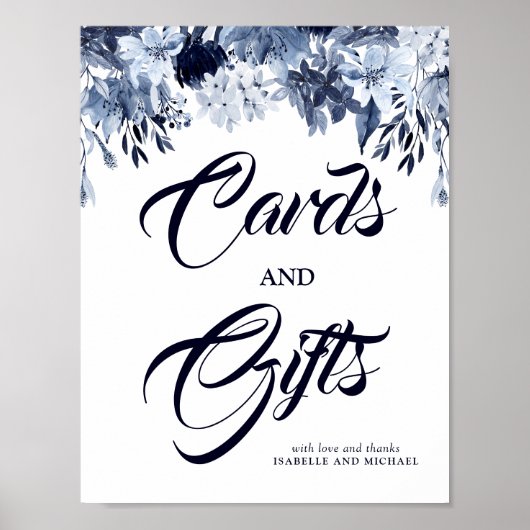 Poster Panneau Mariage Dusty Blue Floral Cartes & Cadeaux (Devant)