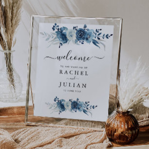 Poster Panneau mariage floral bleu aquarelle