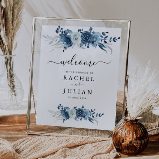 Poster Panneau mariage floral bleu aquarelle
