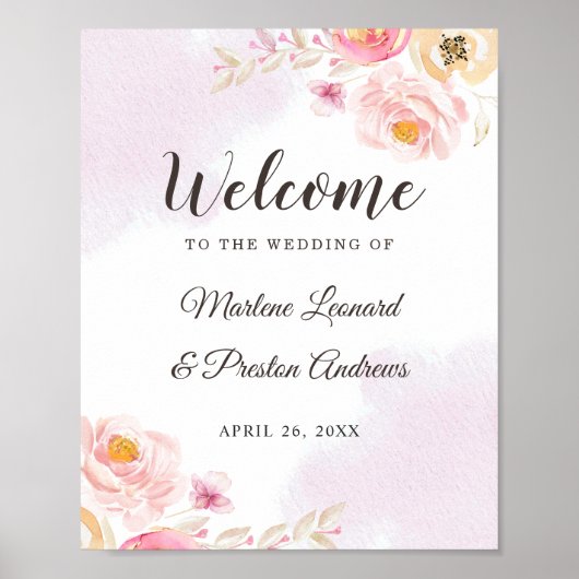 Poster Panneau Mariage floral rose et or (Devant)