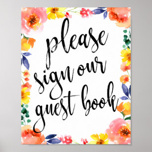 Poster Panneau mariage Livre d'hôtes Floral Aquarelle 8x1