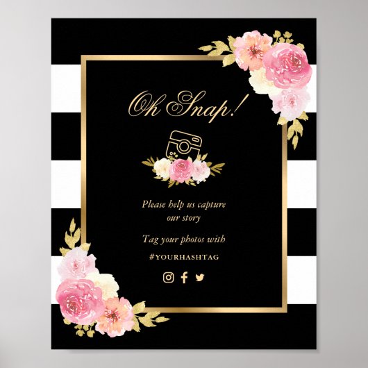 Poster Panneau Mariage noir or rose floral Oh Snap (Devant)