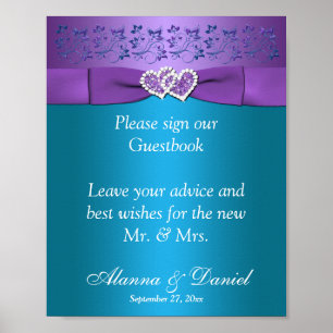 Poster Panneau Mariage Turquoise de Coeurs Floraux violet