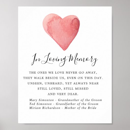 Poster Panneau Mémorial de Mariage à Cœur Aquarelle Rouge (Devant)