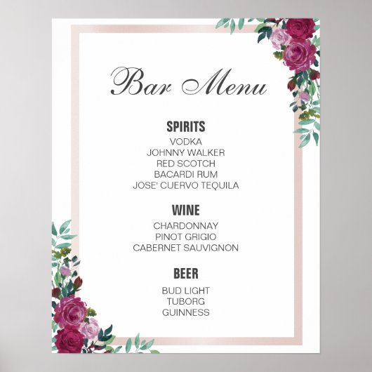 Poster Panneau MENU BARRE | florale bordeaux | barre mari (Devant)
