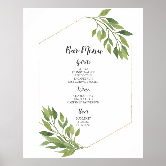 Poster Panneau MENU BARRE | mariage botanique vert et or (Devant)
