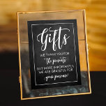 Poster Panneau moderne Chalkboard Mariages Cadeaux<br><div class="desc">Cette enseigne de cadeaux de mariage moderne et très tendance est parfaite pour vos invités dans le cadre de votre décor mariage. Le design est composé d'une formulation typographique tendance sur un arrière - plan de style tableau noir, parfait pour n'importe quel bide et marié le jour de leur mariage....</div>