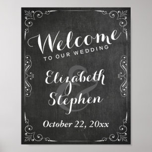Poster Panneau noir blanc Chalkboard Floral Mariage Signa