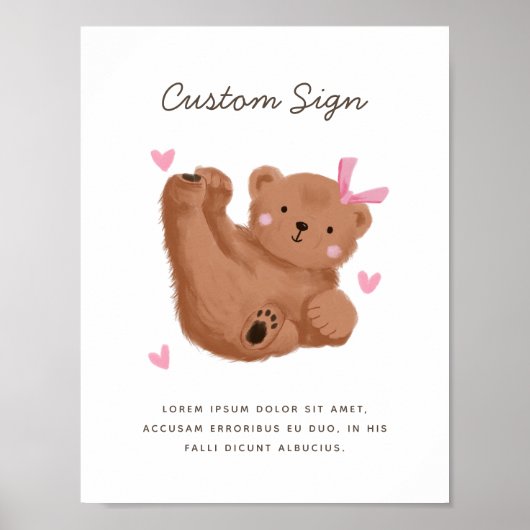 Poster Panneau personnalisé Ours rose Baby shower Rustiqu (Devant)