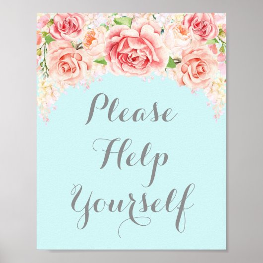 Poster Panneau Prière de vous servir Rose Aquarelle Bleu (Devant)