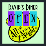 Poster Panneau Retro OUVERT TOUTE LA NUIT<br><div class="desc">Ce panneau de Diner d'inspiration rétro des années 1950 personnalisable est personnalisable ! Cela fait un cadeau parfait pour cet être cher difficile à acheter dans votre vie. Cadres personnalisables disponibles ou bricolés !</div>