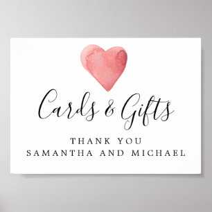 Poster Panneau Rouge Watercolor Heart Wedt Cartes et cade