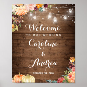 Poster Panneau Rustique Automne Floral Mason Jar Lumières