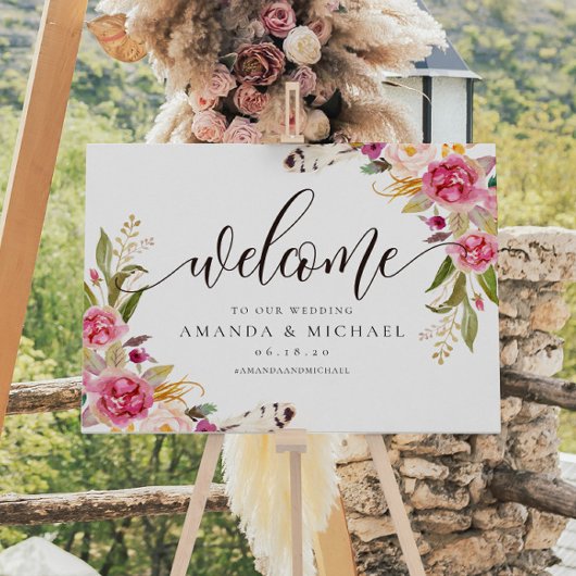 Poster Panneau Rustique Floral et plume Mariage de bienve