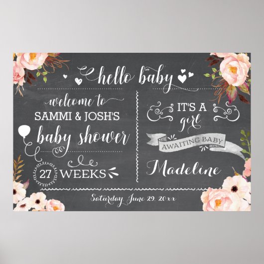 Poster Panneau Rustique Hello Baby Floral Baby shower (Devant)