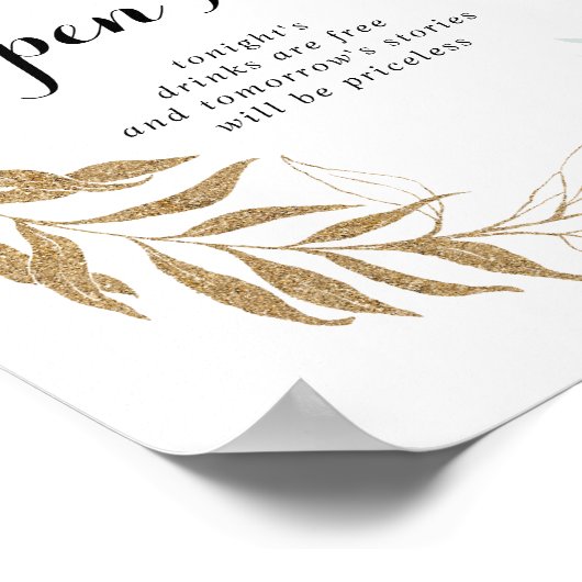 Poster Panneau Rustique Mariage Eucalyptus Gold Open Bar (Coin)