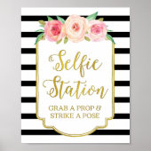 Poster Panneau Station Selfie Rose Floral Or Black Stripe (Devant)