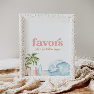 Poster Panneau Surf rose Plage Baby shower Faveurs