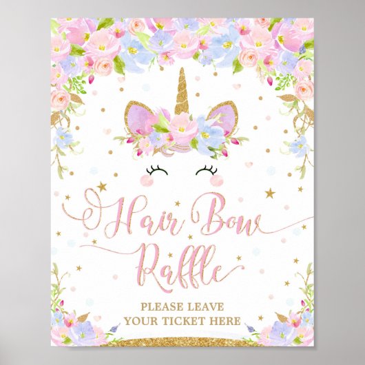 Poster Panneau Unicorne Baby shower Cheveux Bow Raffin (Devant)