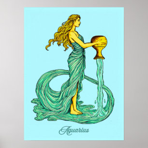 Poster Panneau Zodiaque Aquarius, Femme avec eau
