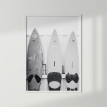 Poster Panneaux de Surf côtier noir et blanc<br><div class="desc">Apportez une touche d'aventure estivale et balnéaire à votre décor avec l'affiche "Poster des Surfs côtiers noirs et blancs". Cette photo en noir et blanc captivante présente trois planches de surf propulsées contre un mur, évoquant l'atmosphère détendue et insouciante de la vie côtière. La composition simple mais frappante capture l'essence...</div>