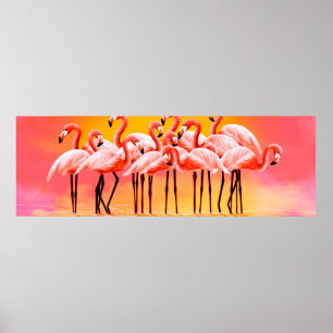 Poster Panorama de flamants roses sur un fond rose vif