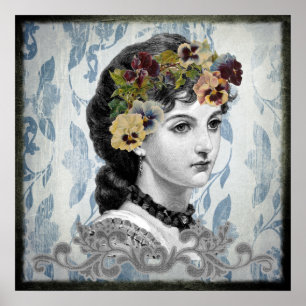 Poster Pansies d'une femme victorienne sur une tapisserie