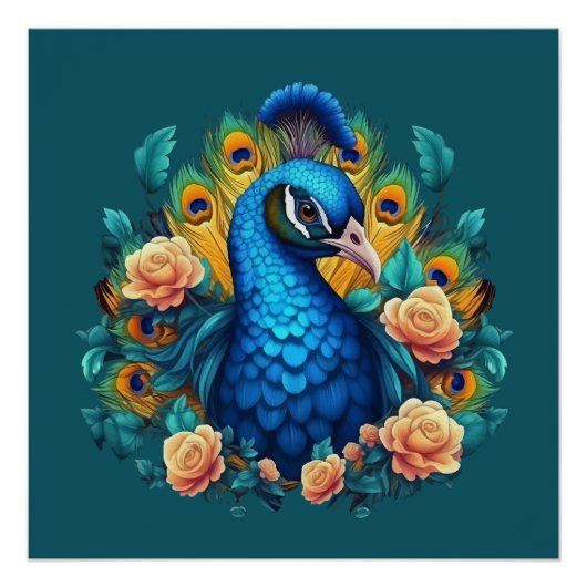 Poster Paon avec roses pêche (Devant)