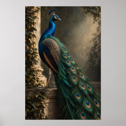 Poster Paon bleu avec plumes de queue émeraude Faune M (Devant)