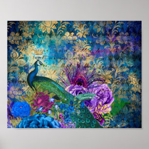 Poster Paon couronné sur Blue Purple Floral