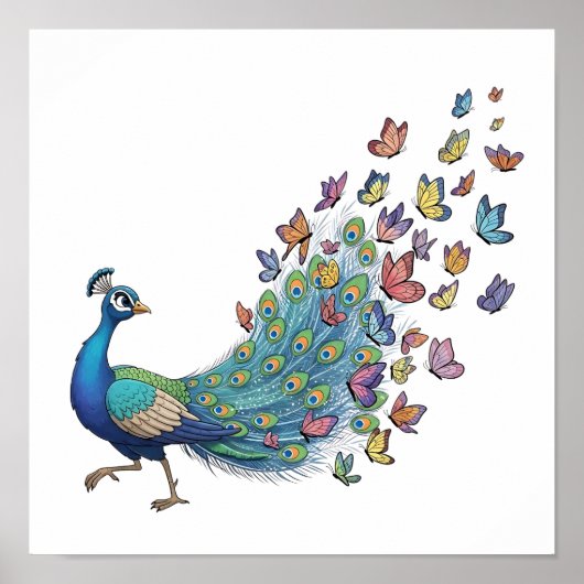 Poster Paon et papillon fantaisistes (Devant)