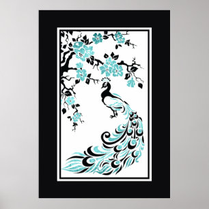 Poster Paon noir, turquoise et fleurs de cerisiers