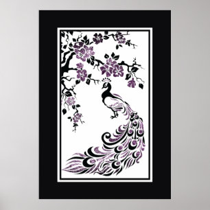 Poster Paon noir, violet et jolies fleurs