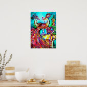 Poster PAONS AMOUREUX, Rouge Jaune Turquoise Bleu (Cuisine)