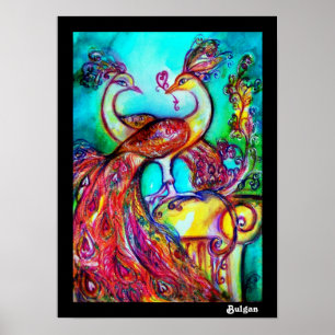 Poster PAONS AMOUREUX, Rouge Jaune Turquoise Bleu