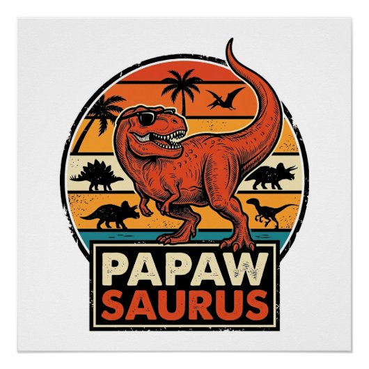 Poster Papawsaurus Rétro Dinosaure Coucher de Soleil Vect (Devant)