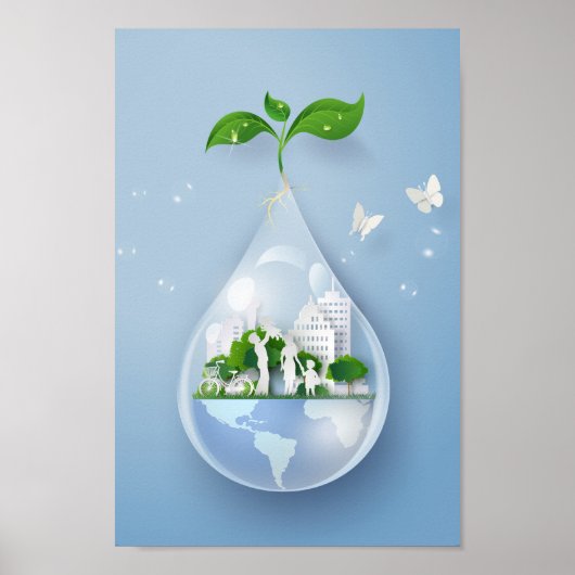 Poster Papercut City Water Drop Jour des terres Conservat (Devant)