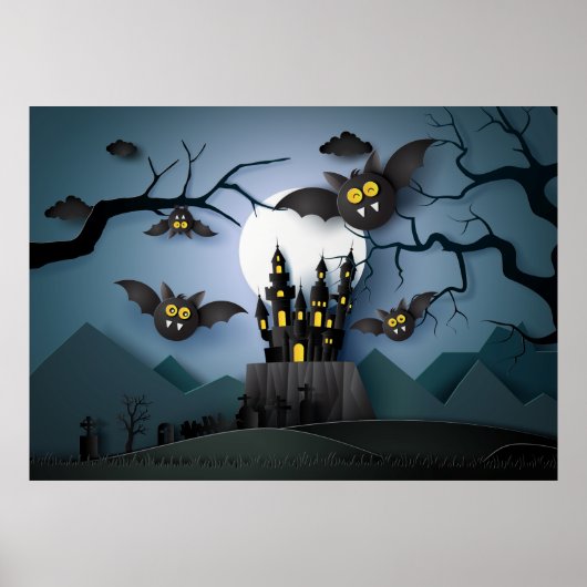 Poster Papercut Haunted Castle et chauves-souris (Devant)