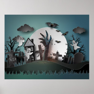 Poster Papercut Zombie Graveyard & Ghosts