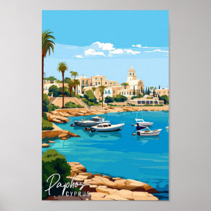 Poster Paphos Chypre illustration de voyage vintage