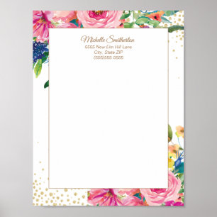 Poster Papier à lettres floral aquarelle rose élégant ave