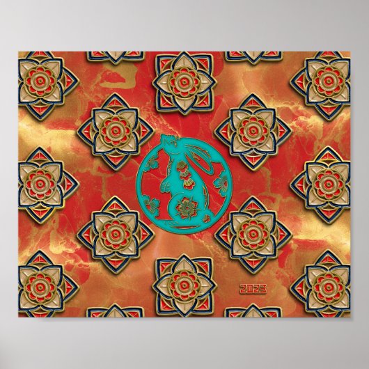 Poster Papier bleu Rabbit Rouge Or chinois Nouvel An (Devant)