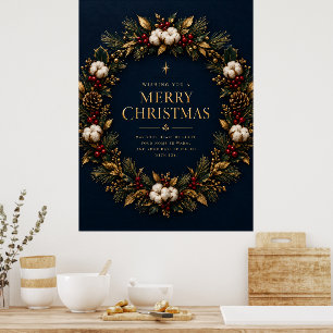 Poster Papier Cadeau Navy Blue Gold Wreath Merry Christma