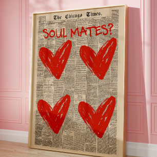 Poster Papier Collé de Journal au Cœur Rouge Romantique p