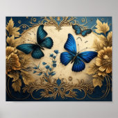 Poster Papier de fond découpage à papillon bleu et or (Devant)
